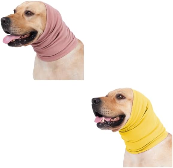 No Shake Ear Wrap, (2 Pack) Calming Dog Warm Winter Dog Hat Ear Coverings Dog Ear Snood for Dogs Yellow+Pink L