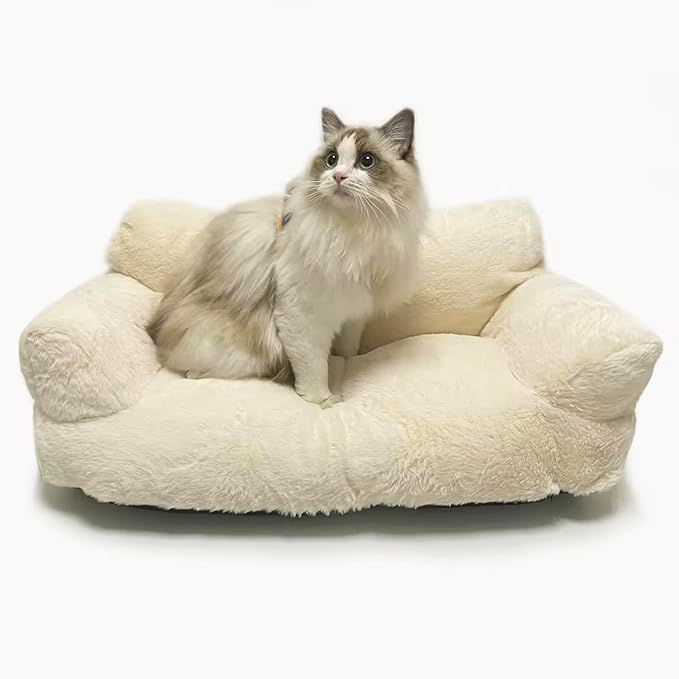 Pet Couch Sofa Bed, Checkers Plaid Washable Cat Beds for Medium Small Dogs & Cats Durable Plush Cat Couch Pet Sofa Bed Puppy Sleeping Bed Soft Anti-Slip (Ivory)