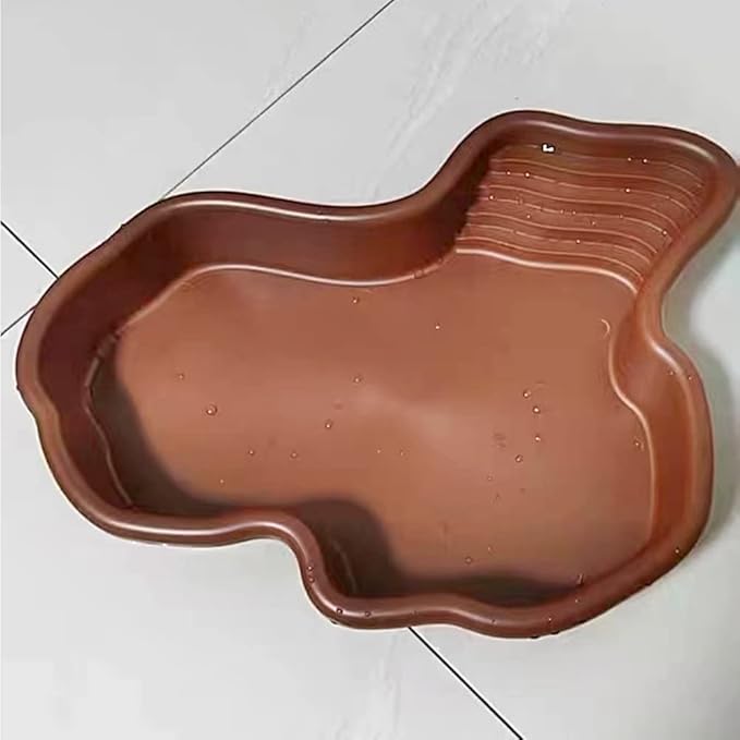 Flushbay Extra Large Reptile Bathing Pool Reptile Feeding Dish Water Bowl with Ramp Aquarium Ornament for Gecko, Snake, Turtle, Bearded Dragon, Lizard Bath (Brown)