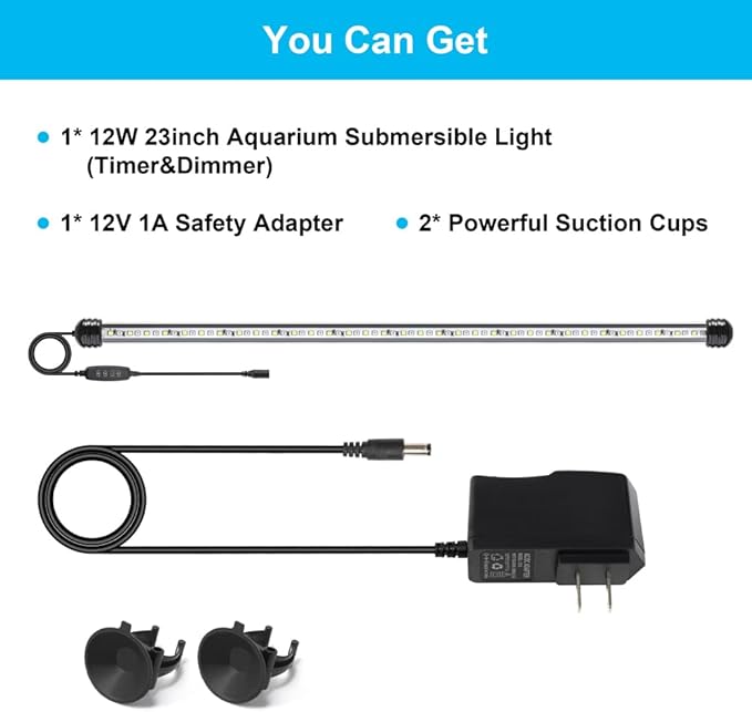 12W 23inch Submersible Aquarium Light Underwater Fish Tank Light LED Aquarium Light Bar with Timer Auto On/Off and Dimmer Adjustable Brightness, 1 Yr Warranty