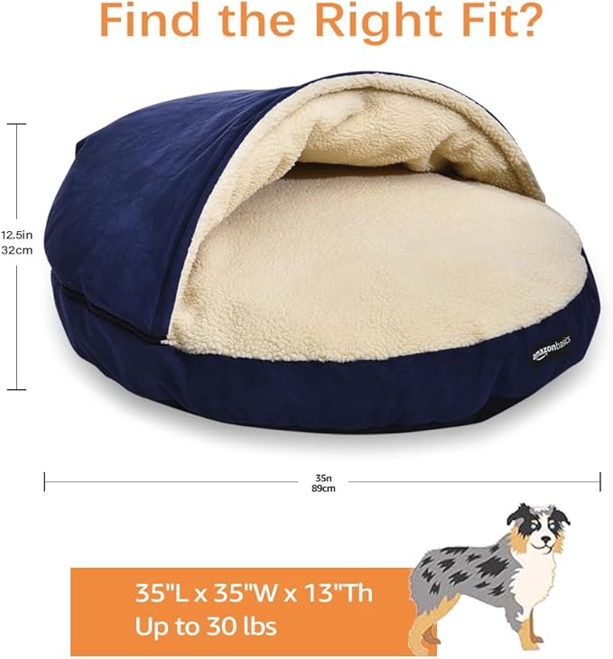 Amazon Basics Cozy Pet Cave Bed for Dog, Large 35 x 35 x 13 Inches, Blue