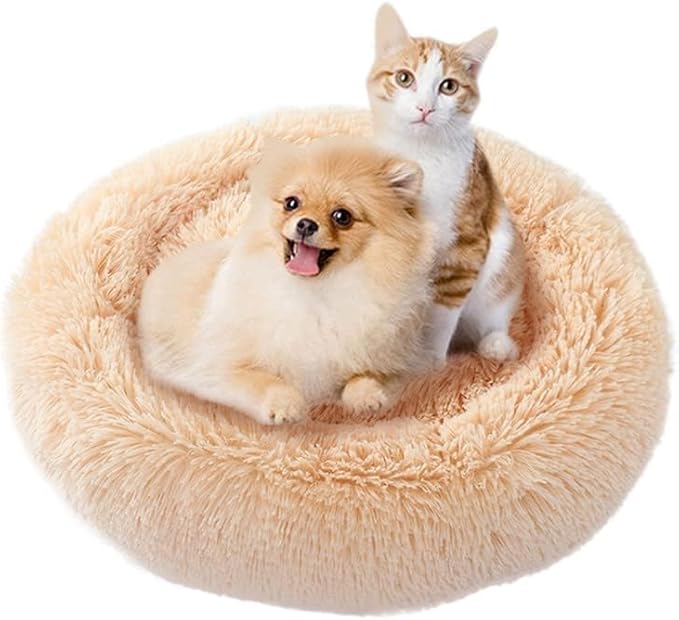 Cat Beds for Indoor Cats - Cat Bed Washable 24 inches, Dog Beds for Small Medium Dogs, Anti Anxiety Round Fluffy Plush Faux Fur Cat Bed, Thick Bottom (Large, Tan)