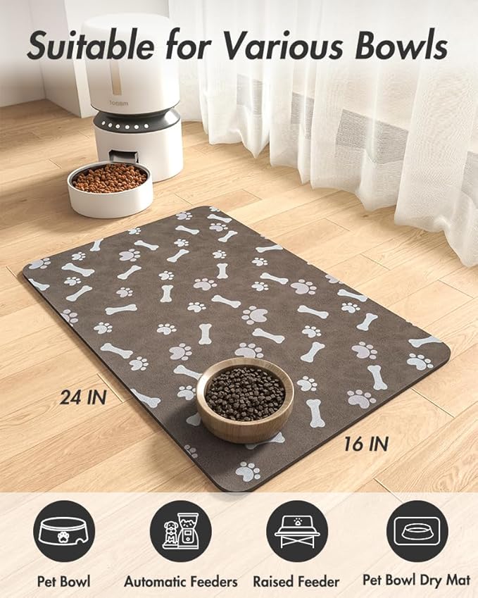 Pet Feeding Mat-Absorbent Dog Food Mat-Dog Mat for Food and Water-No Stains Quick Dry Dog Water Dispenser Mat-Pet Supplies-Dog Placemat Dog Water Bowl for Messy Drinkers 16"X24" BROWN
