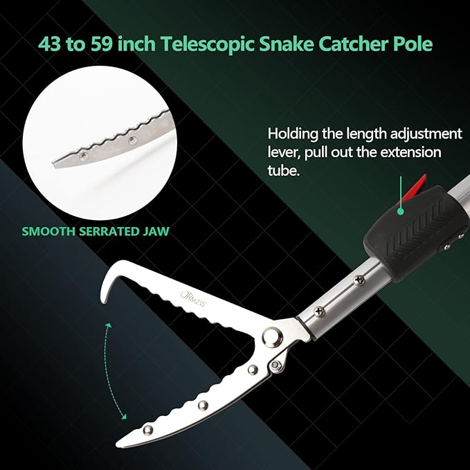 Snake Catcher Tongs Grabber Rattle Heavy Duty with 43 inch to 59 inch Telescopic Pole