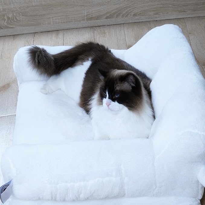 Pet Couch Bed, Washable Cat Beds for Medium Small Dogs & Cats up to 25 lbs, Soft Calming Cat Sofa Beds for Indoor Cats Anti-Slip Bottom,Fluffy Cat Couch (White)