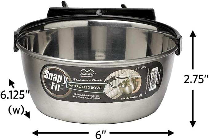 MidWest Homes for Pets Snap'y Fit Stainless Steel Food Bowl / Pet Bowl, 1 qt. for Dogs & Cats, Silver