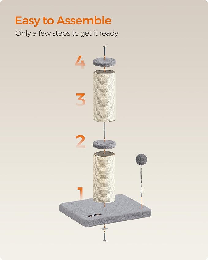 Feandrea Cat Scratching Post, 20.8-Inch Tall Cat Scratcher for Kittens, Small and Medium Cats, Sisal Scratch Pole, Spring Pompom with Built-in Bell, Dove Gray UPCA023G01