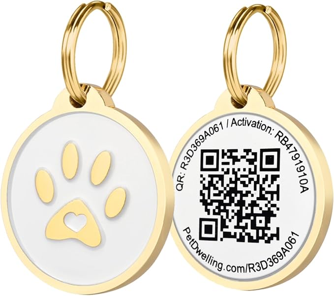 Premium Pet ID Tag for Dogs and Cats: Easy Scan QR Code, Instant Online Pet Profile Access, & Scan Location Alerts(Lux Gold White Paw)