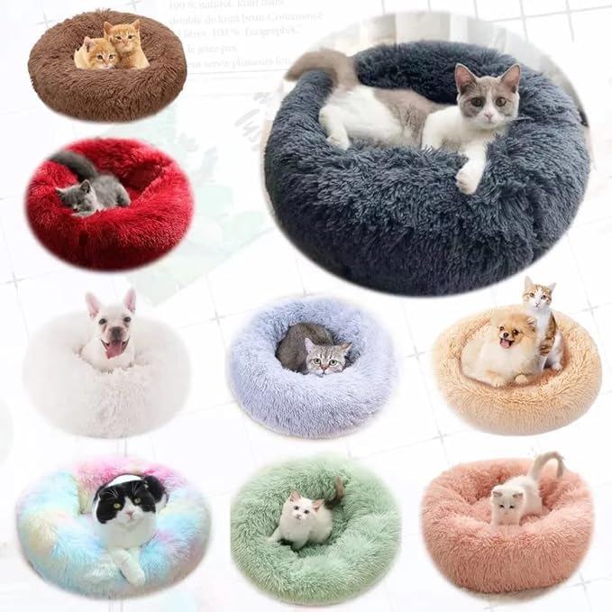 Cat Beds for Indoor Cats - Cat Bed Washable 20/24 inches, Dog Beds for Small Medium Dogs, Anti Anxiety Round Fluffy Plush Faux Fur Cat Bed, Thick Bottom (Medium, Blue)