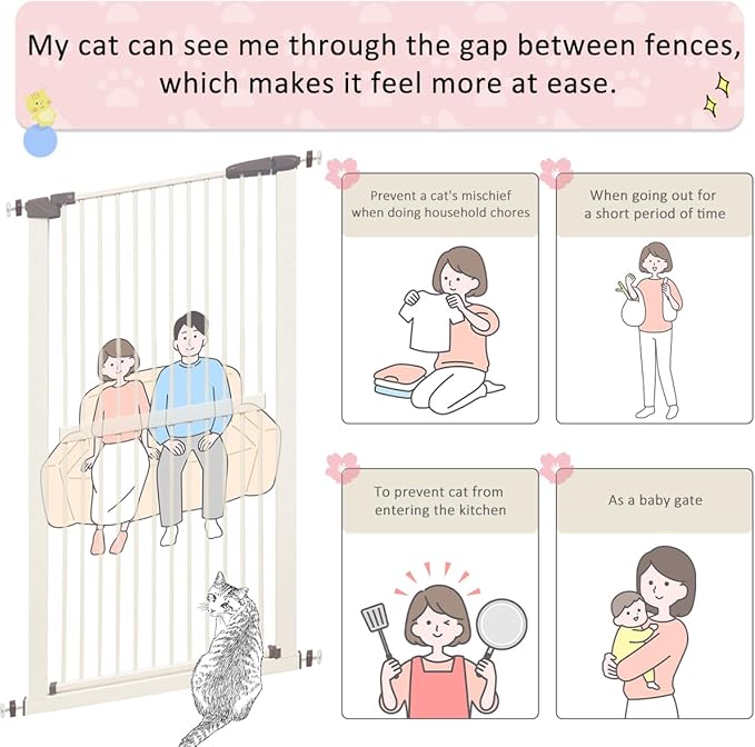 Extra Tall Pet Gate 55.12" High Pressure Mounted 63.39"-67.90" Extra Wide (9 Sizes) 1.37" Gap for Cat Dog Gate Stairs Doorway Hallway No Drilling Auto-Close (63.39"-67.90", Cream White)