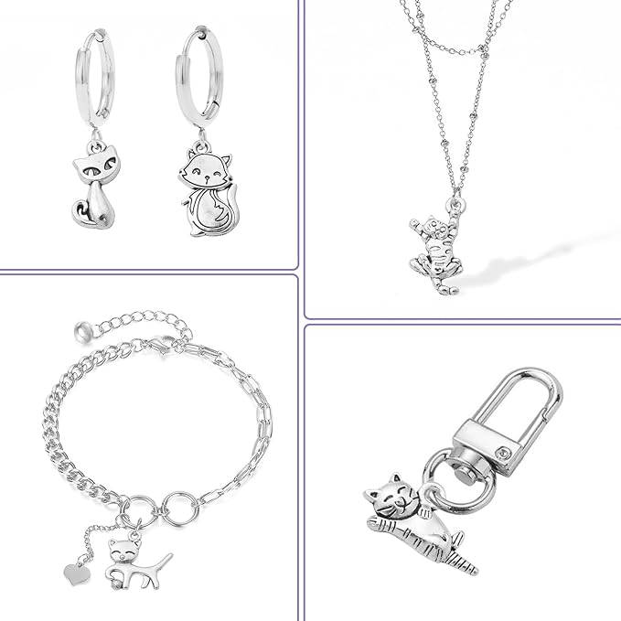 Stiesy 100 Pcs 10 Styles Tibetan Style Cat Charms Antique Silver Cute Kitten Pet Charms Pendants for DIY Bracelet Necklace Jewelry Making