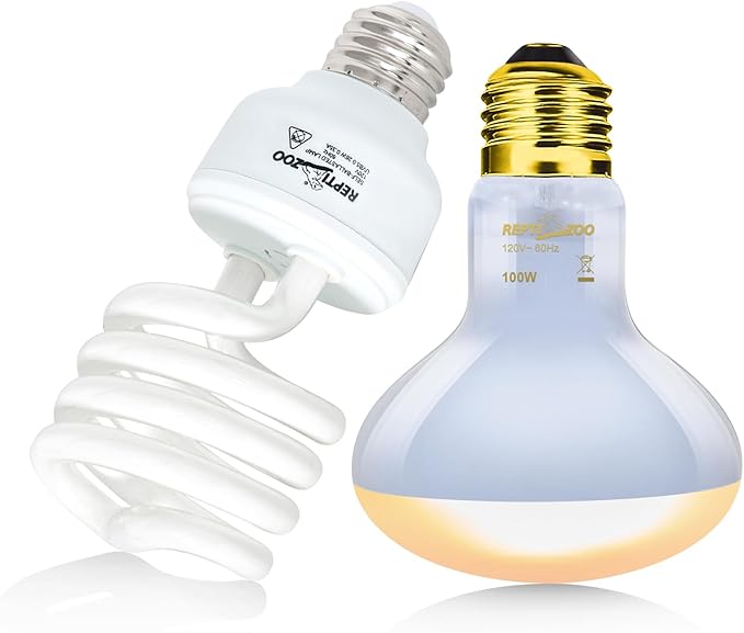 REPTIZOO Dual Reptile Light Fixture Reptile Heat Lamp Combo Pack, 100W UVA Daylight Basking Spot Light Heating Lamp and 26W UVA UVB Reptile Light Energy Saving Spiral Compact Lamp UVB Bulb 5.0