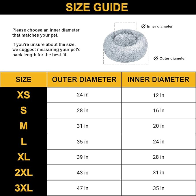 Calming Round Donut Dog Bed Pillow, Washable, Anti Anxiety, Anti-Slip, Cozy Soft Cuddler Comfort Bed with Fluffy Plush Faux Fur for large medium small Sized Dog - Khaki, S 28 inch