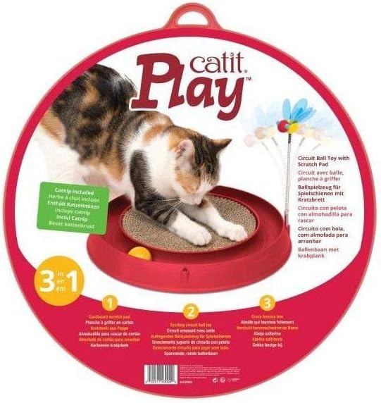 Catit Play Circuit Ball Cat Toy with Scratch Pad, Catnip Toy, Red, 43000