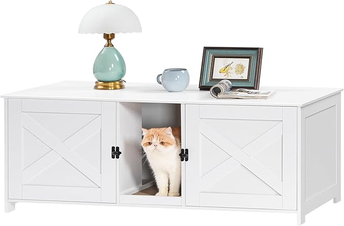 Cat Litter Box Enclosure for 2 Cats, 47.2" Hidden Cat Litter Box Furniture with Double Room, Wooden Cat Washroom with Scratching Board, Indoor Cat House End Table, White CWWT1201