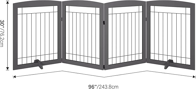 Folding Pet Gate 96" Wide, 30" Tall No-Assembly Wooden Dog Gate, Freestanding Wire Pet Gate, Pet Puppy Safety Fence, with 2PCS Support - Gray