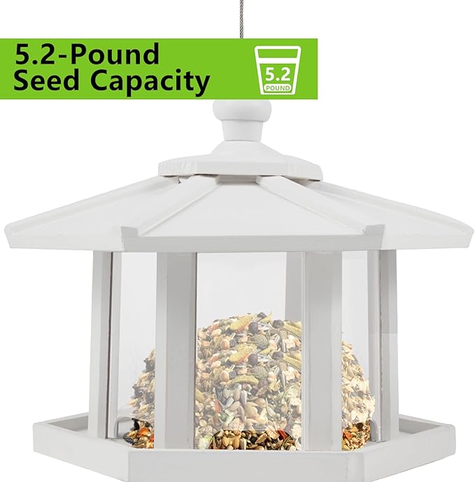 White Hexagon Shaped Wild Bird Feeder for Outside, Hollow Mesh Tray, Large Capacity, Easy to Clean & Fill, for Garden Decor Yard and Bird Watchers