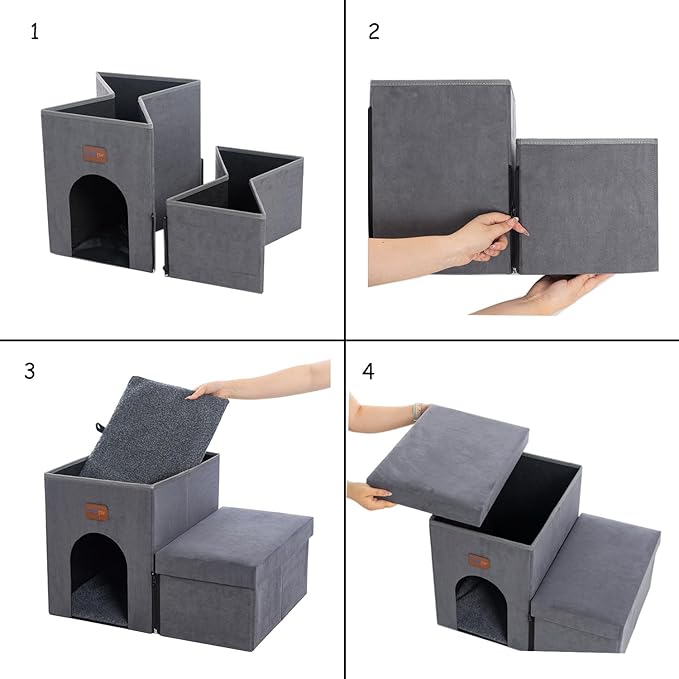 Dog Stairs with Storage and Condo, 2-Step Dog Steps for High Bed, Sofa and Car, Folding Pet Srairs for Puppy, Small Dogs and Cats, Grey