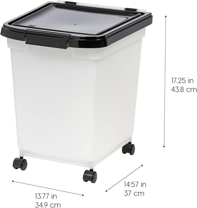 IRIS USA WeatherPro Airtight Dog Food Storage Container, Up to 25 lbs, Removable Wheels, for Dog Cat Bird and Other Pet Food Storage Bin, Keep Fresh, Translucent Body, Pearl/Black