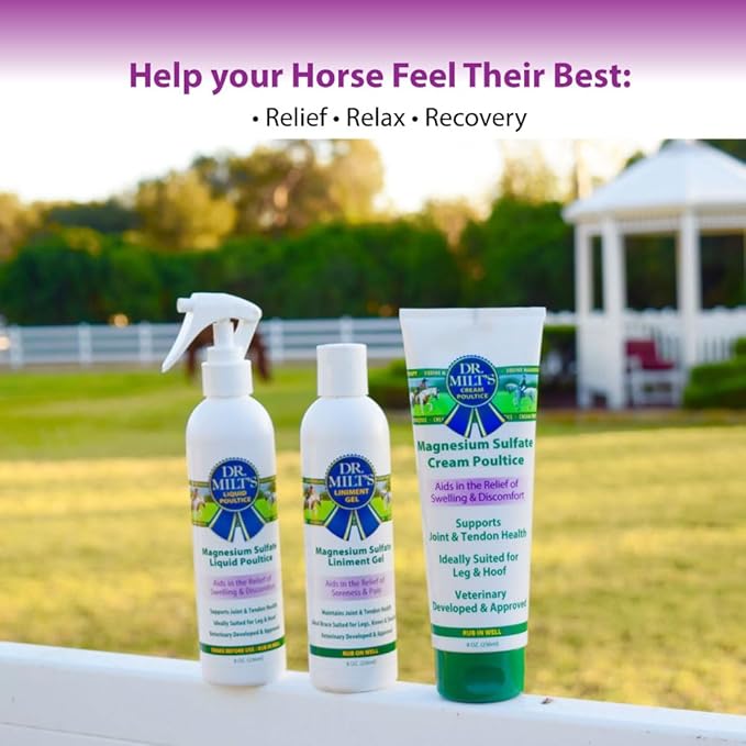 Dr. Milt's Horse Topical Epsom Salt Pain Relief Ointment Veriety packs - Cream, Gel, Spray. Liniment and Poultice, Hip and Joint Care for The Horse and Rider.