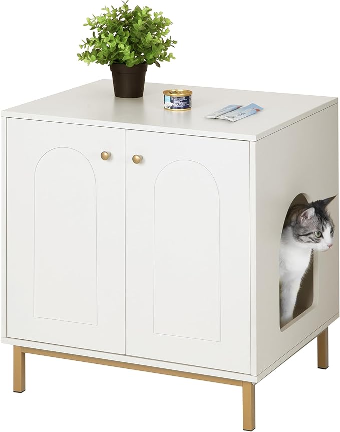 Cat Litter Box Enclosure, Hidden Litter Box Furniture, Wooden Pet House Side End Table, Storage Cabinet Bench, Fit Most Cat and Litter Box, Living Room, Bedroom, White and Gold CB81203G