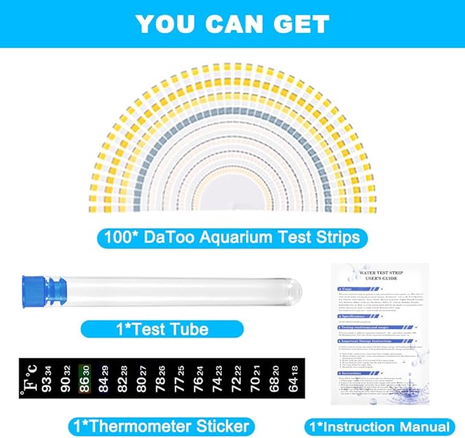 8 in 1 Aquarium Test Kit Fish Tank Test Strips Accurate Water Quality Testing Strips for Ammonia PH Total Alkalinity Carbonate Hardness Free Chlorine Nitrate Nitrite Temperature (100 Strips)