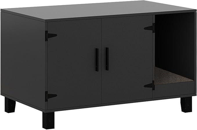 TaoHFE Litter Box Enclosure Cat Litter Box Furniture Hidden with Cat Scratch Pad Decorative Farmhouse Wooden Hidden Litter Box Cat House Litterbox Furniture Cat Box Furniture Litter Box Cabinet Black