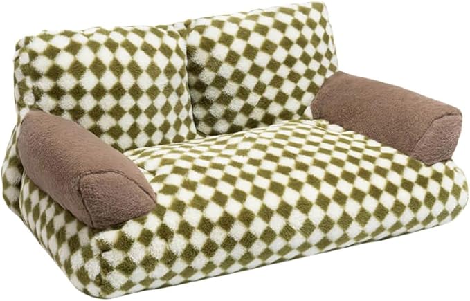 Pet Couch Sofa Bed, Checkers Plaid Washable Cat Beds for Medium Small Dogs & Cats Durable Plush Cat Couch Pet Sofa Bed Puppy Sleeping Bed Soft Anti-Slip (Green Plaid)
