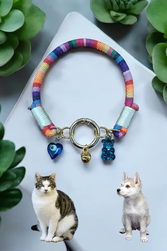 Cat Collar with Bell is Bohem, Evil Eye Beads for Girls and Boys Cats,Small Breed Dogs Cord Accessory with Charm tip (Colorful)