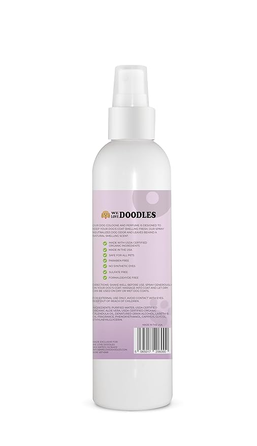We Love Doodles Dog Cologne & Perfume, Deodorizing, USDA Organic Ingredients, Made In USA, Long Lasting After Bath, Deodorant For Smelly Dogs, Pawfume For Pets, Odor Eliminator Spray, Lavender, 8 OZ