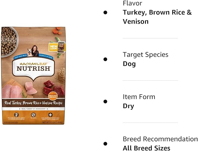 Rachael Ray Nutrish Dry Dog Food, Turkey, Brown Rice & Venison Recipe for Weight Management, 5.5 Pound Bag