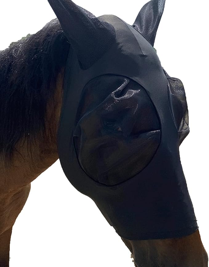Upgrade Uv Horse Fly Mask with Ears - Equine Sunscreen Lycra Quiet Ride Elasticity Fly Mask with Ear Protection (Black)