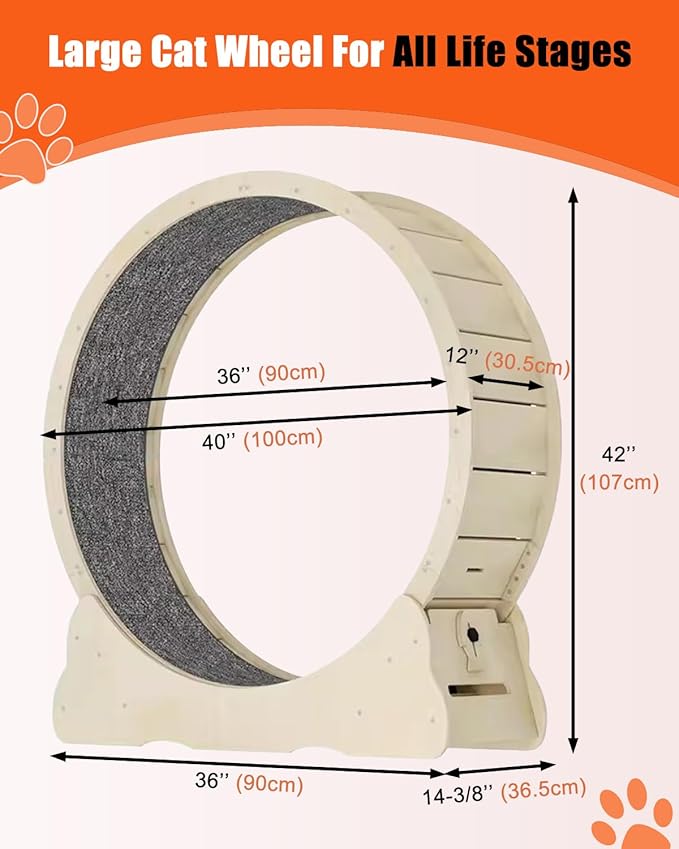 Cat Exercise Wheel for Indoor Cats, 40inch Large Cat Treadmill with Noise Reduction Port and Lock, Solid Wood Cat Running Wheels