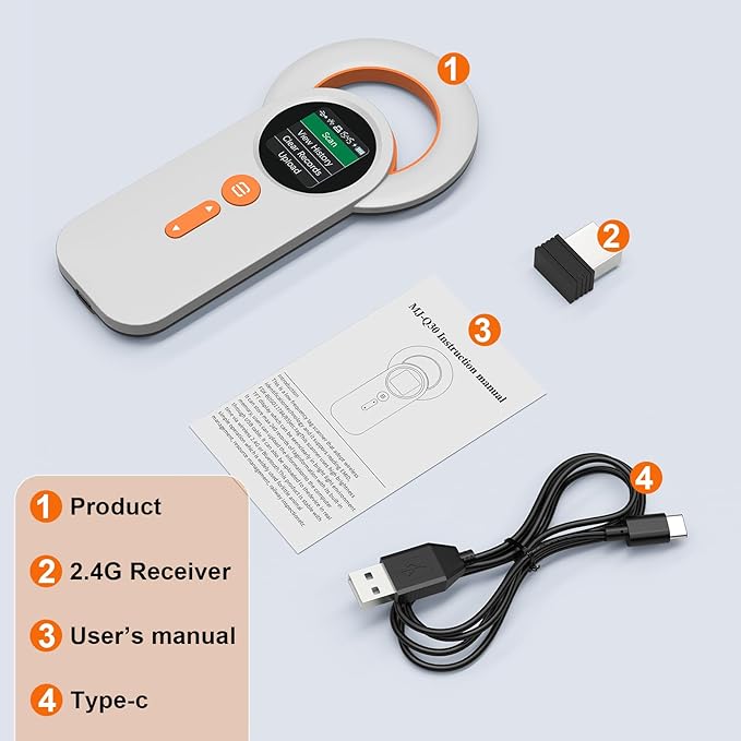 Pet Microchip Scanner Rechargeable RFID EMID Micro Chip Reader Scanner (2.4GHz Wireless+Bluetooth+USB) All in one 1.44β TFT Screen Display ISO11784 / ISO11785 / FDX-B and EMID for Animal/Pet/Dog/Cat