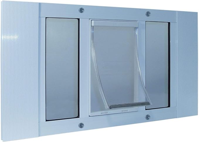 Ideal Pet Products Aluminum Sash Window Pet Door, Adjustable to Fit Window Widths from 27" to 32", Cat Flap 6-1/4” x 6-1/4” Flap Size