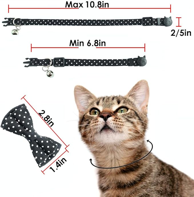 Cat Collar with Bell and Bow Tie, Breakaway Clasp Cute Dots Kitty Kitten Collar(6.8-10.8in)(Black Dots)
