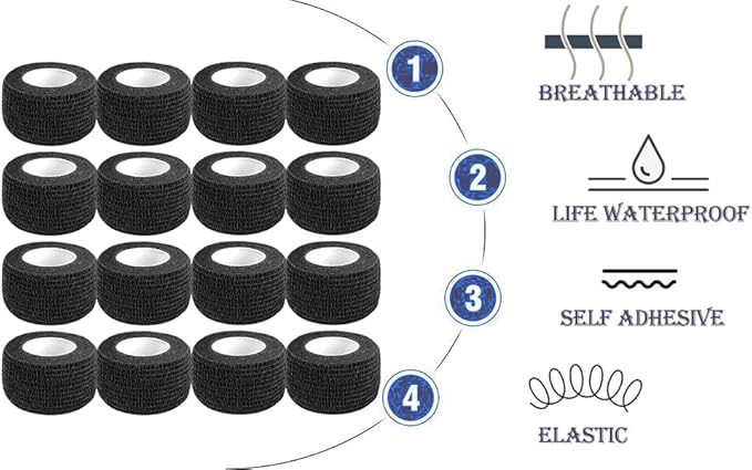 Self Adhesive Bandage Wrap,1 Inch 5 Yards 16 Pack Black Elastic Flexible Cohesive Bandages, Vet Wrap Tattoo Sports Tape Bulk for First Aid Supplies (Black)