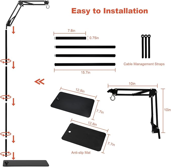 Reptile Lamp Stand, Adjustable 15.7 to 74.3 In Heat Lamp Metal Bracket Floor Light Holder for Lizards Bearded Dragons Chicks Terrarium Tank