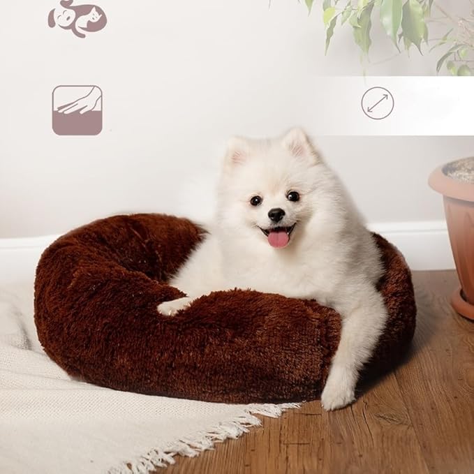 Cat Beds for Indoor Cats - Fluffy Plush Dog Beds for Small Medium Dogs, Anti Anxiety Round Faux Fur Cat Bed Washable,Thick Bottom Keep Pets Off The Cold Tile, coffee