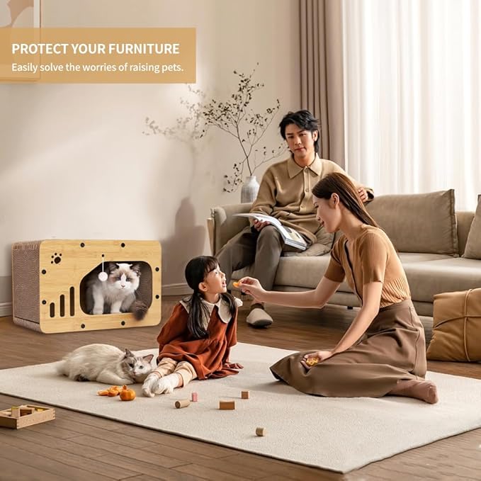 Cat Scratcher House, Cat Scratcher Board Cat Cave with Hanging Ball Toy,Large Space Cardboard Cat Bed Condo,Suitable for Cats to Rest&Scratching Cat Scratch Pad