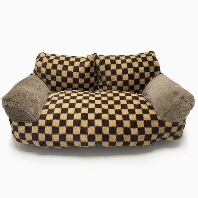 Pet Couch Sofa Bed, Checkers Plaid Washable Cat Beds for Medium Small Dogs & Cats Durable Plush Cat Couch Pet Sofa Bed Puppy Sleeping Bed Soft Anti-Slip (Khaki Plaid)