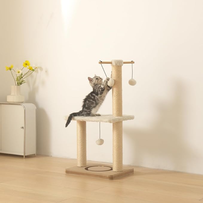 Cat Scratching Post 31in Tall Sisal Scratch Posts with Perch Tracking Interatcive Toys Vertical Scratcher for Indoor Cats and Kittens,Three Hanging Ball Self Massage Brush Beige
