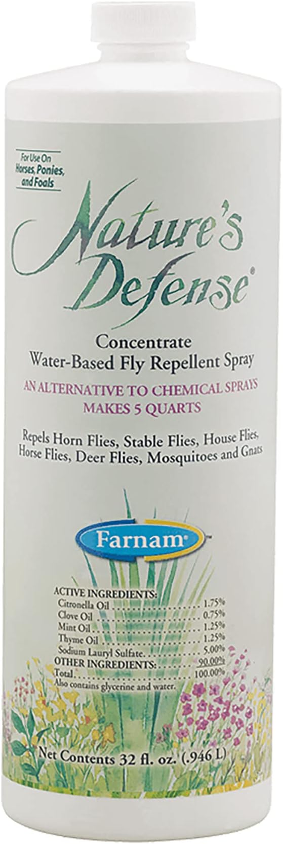 Farnam Nature's Defense Natural Horse Fly Spray, Liquid Concentrate, Mix with Water, 32 Ounces, One Quart