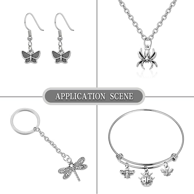 Stiesy 100 Pcs Insect Themed Tibetan Alloy Charms Vintage Dragonfly Bee Spider Cicada Ladybird Charms for DIY Crafts Keychain Making