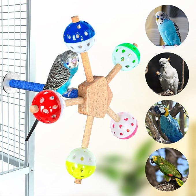 OIIBO Perch Toy with Rotating Balls for Birds, Rough-surfaced Natural Bird Toy Puzzle Parrot Toys Boredom Reducing Bird Foraging Toys for Cockatiel, Parakeets, Parrots, Budgies, Lovebird, Conures