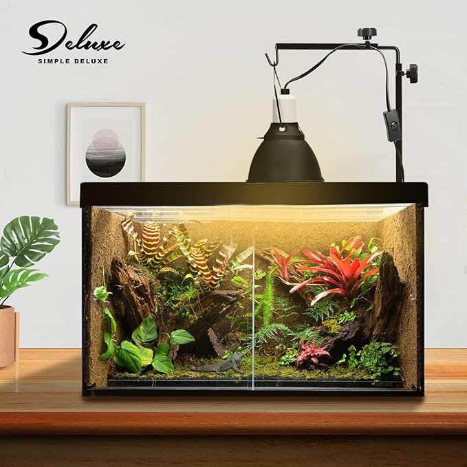 Simple Deluxe Reptile Lamp Fixture Dual Dome Light Double Sockets Bulbs Holder with Independent Switches and 22"-35" Adjustable Metal Floor Lamp-Holder, for Amphibians Terrarium, Turtle Tank