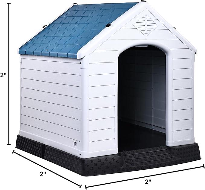 Plastic Dog House, Insulated Doghouse Puppy Shelter, Water Resistant Easy Assembly Sturdy Dog Kennel with Elevated Floor and Air Vents, Ventilate for Small to Large Sized Dogs (29-Inch, Blue)