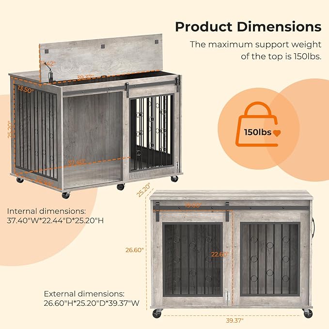 Furniture Style Dog Crate End Table with Sliding Barn Door, Indoor Dog Kennel Furniture with Removable Divider for 2 Small to Medium Pets, Grey, 39.37''W×25.2''D×28.94''H