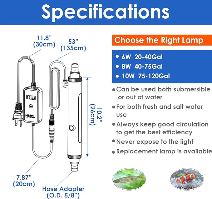 AquarMiracle U-VC Light for Aquarium with Timer, Amphibian Aquarium U-V Light for in-line and in-tank Use, Green Boom Clean Light, 10W, for Aquariums 75-120 Gallons(10W)