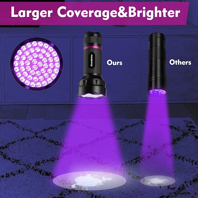 EverBrite UV Flashlight, 51 LED Blacklight Flashlights, 395nm Black Light Flashlight for Pet Urine Detection, Carpet, Scorpions and Bed Bug, Batteries Included